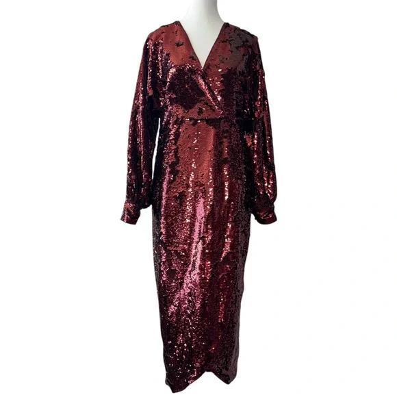 NWT TED BAKER $495 Emmalee Burgundy Sequin Midi Dress Plunge Neck Glam Party